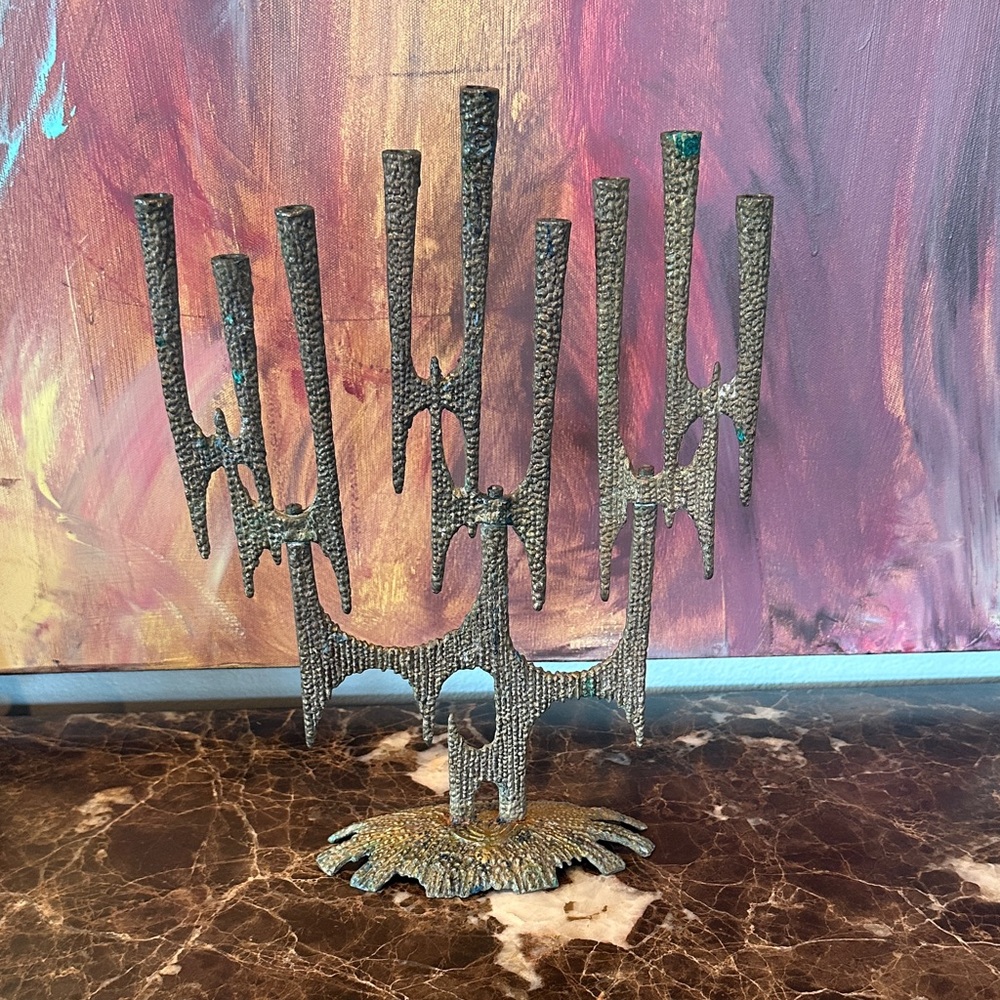 Vintage Brass Brutalist Menorah signed Weinberg
 Metal Menorah Candelabra